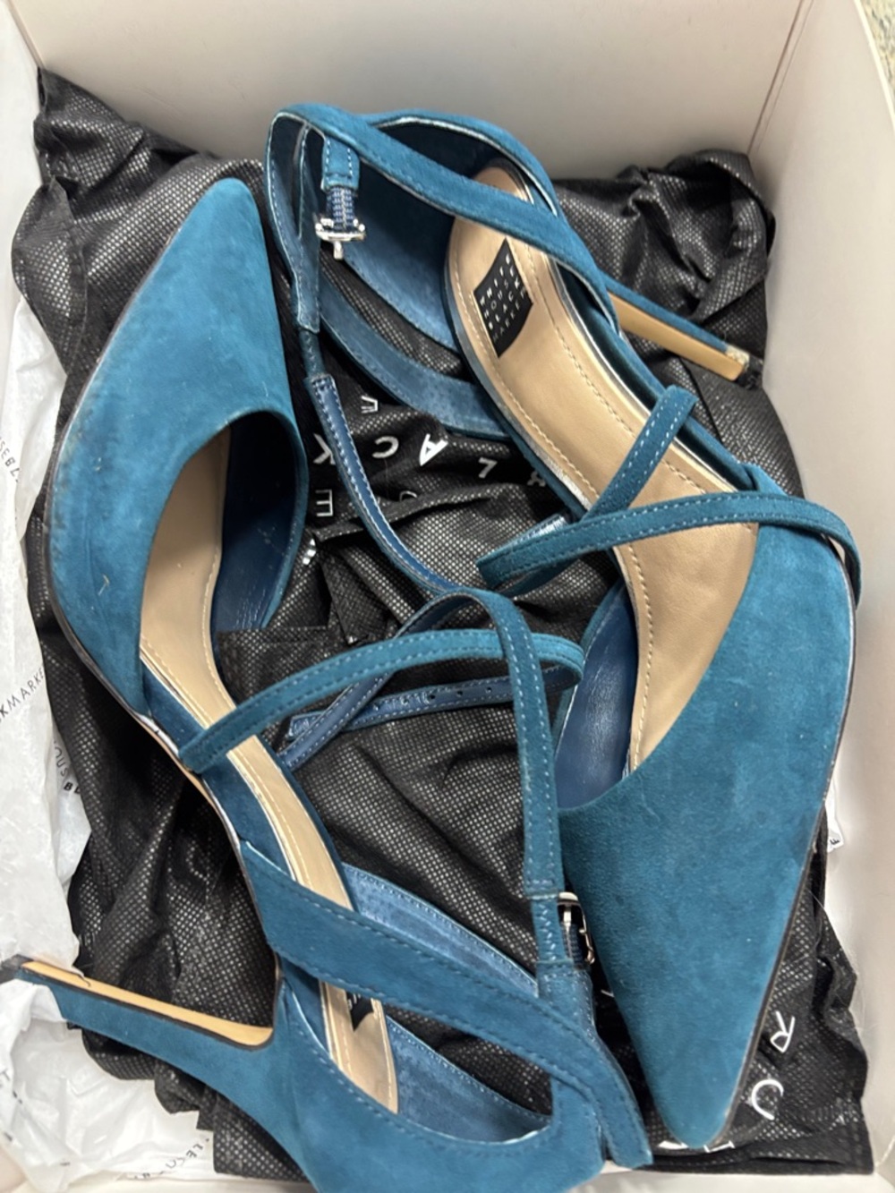 White House Black Market Teal Suede Pointed-Toe Strappy Heels